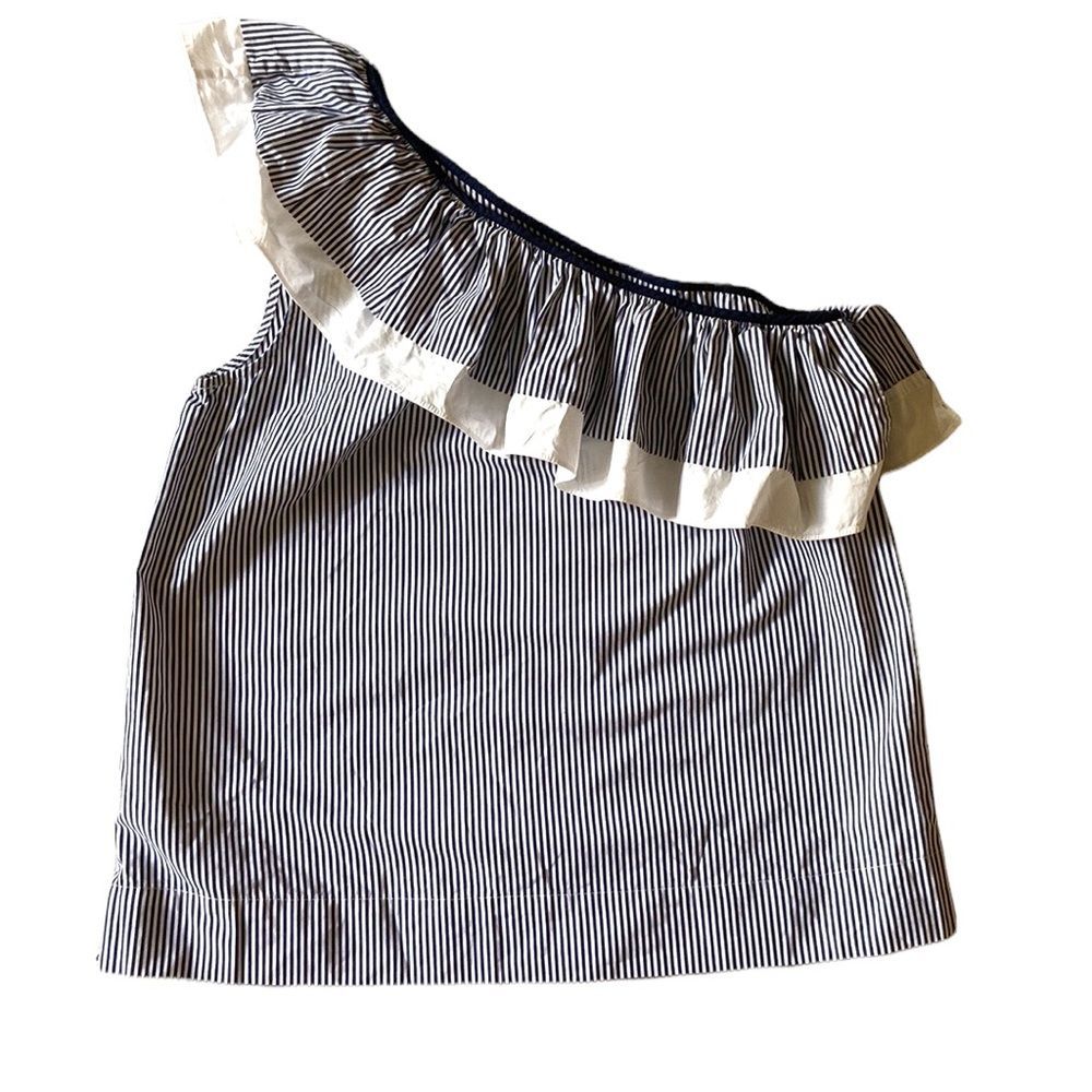 J Crew Off Shoulder Tank Blouse Pinstripe Navy Ruffle Top Strapless